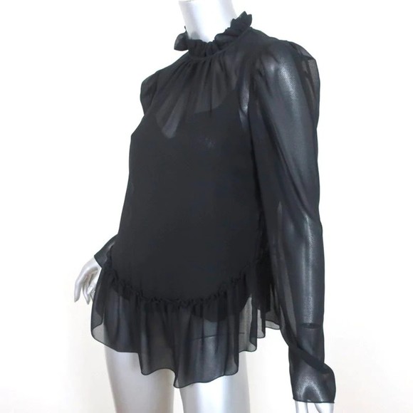 See by Chloe Ruffled High Neck Blouse Black Chiffon Size 38 Long Sleeve Top NEW - Picture 2 of 7